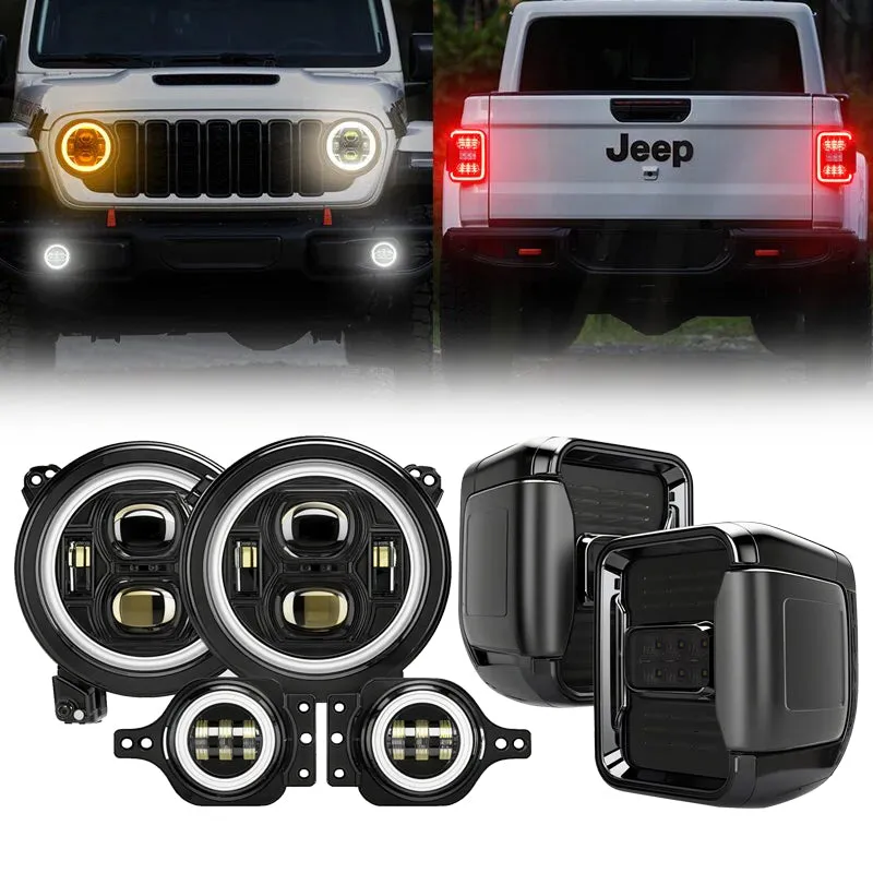 LED Factory Mart "JT Shadow Bundle – 9"" LED Halo Headlights, Turn Signals, Fogs & Tail Lights for Jeep Gladiator JT"