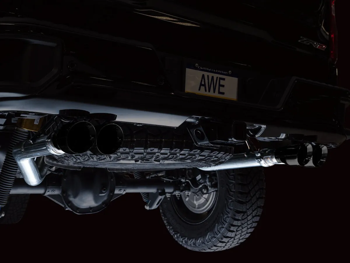 AWE 0FG Catback Exhaust for Silverado ZR2/Sierra AT4X - Dual Bashguard (no tips) product image