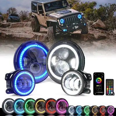 Xprite Xprite 7" Inch RGB Halo LED Headlights & 4" Fog Lights Led Combo For 2007-2018 Jeep Wrangler JK Jku