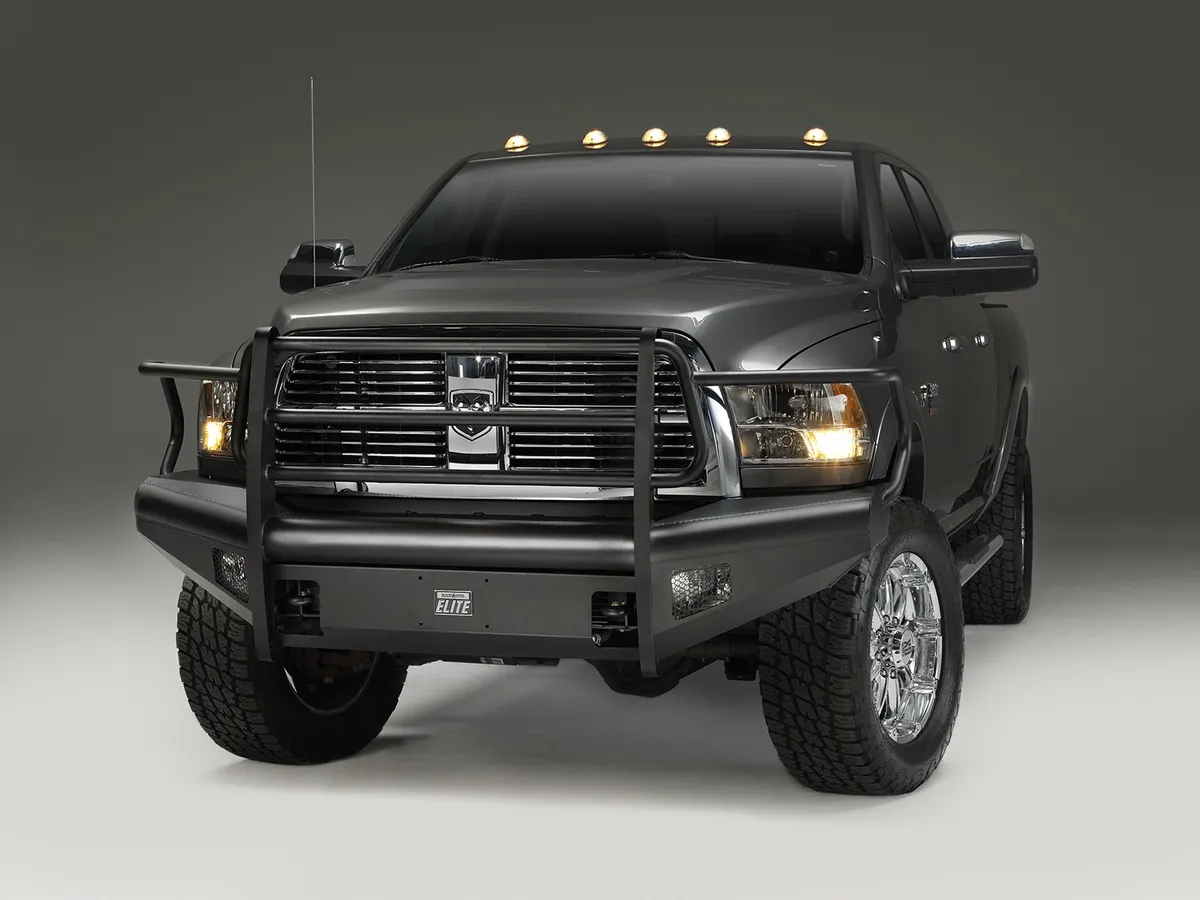 Fab Fours Elite Front Bumper; 2 Stage Black Powder Coated; w/Full Grill Guard; Incl. Light Cut-Outs;