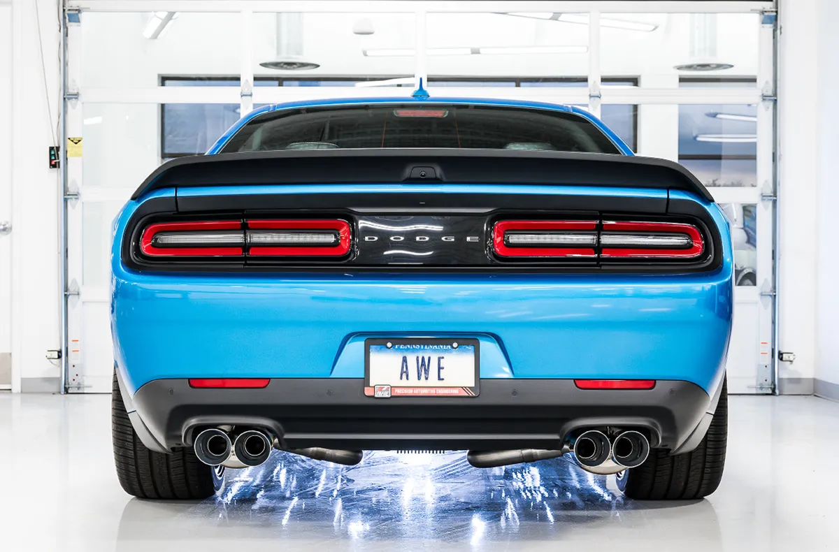 AWE Track Edition Exhaust for 15+ Challenger 6.4 / 6.2 SC - Chrome Silver Quad Tips product image