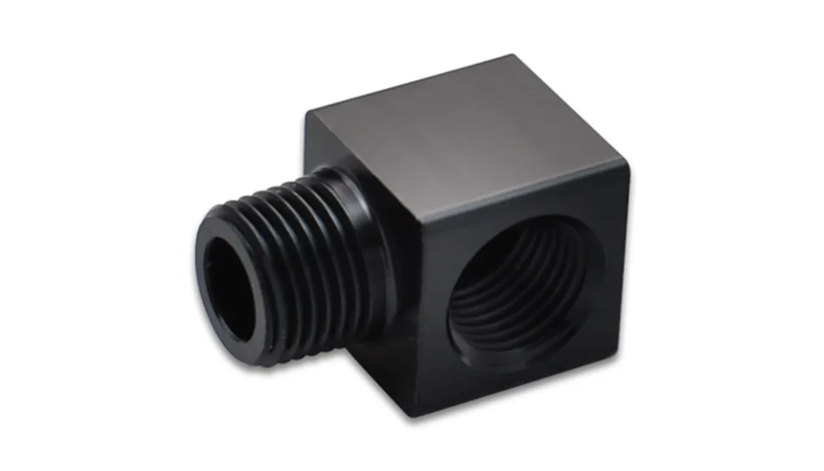 90 Degree Npt Adapter Fitting; 0.125 In. Npt; 6061 Aluminum; Black Anodized; Female Npt to Male Npt; Tight; product image