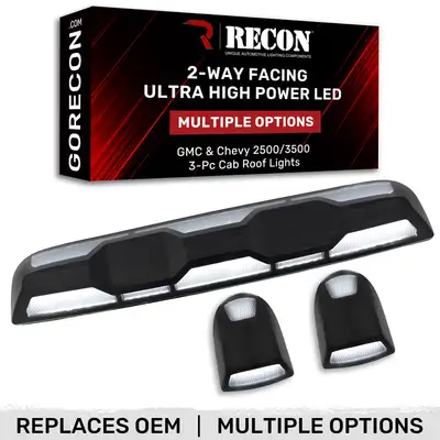 Recon Accessories GMC & Chevy 20-25 (4th Gen) Heavy-Duty (3-Piece Set) Cab Roof Light Set 2-Way Front & Rear Facing Ultra High-Power White LEDs - (ATTN: This cab light kit replaces Factory/OEM installed cab roof lights) - Multiple Lens