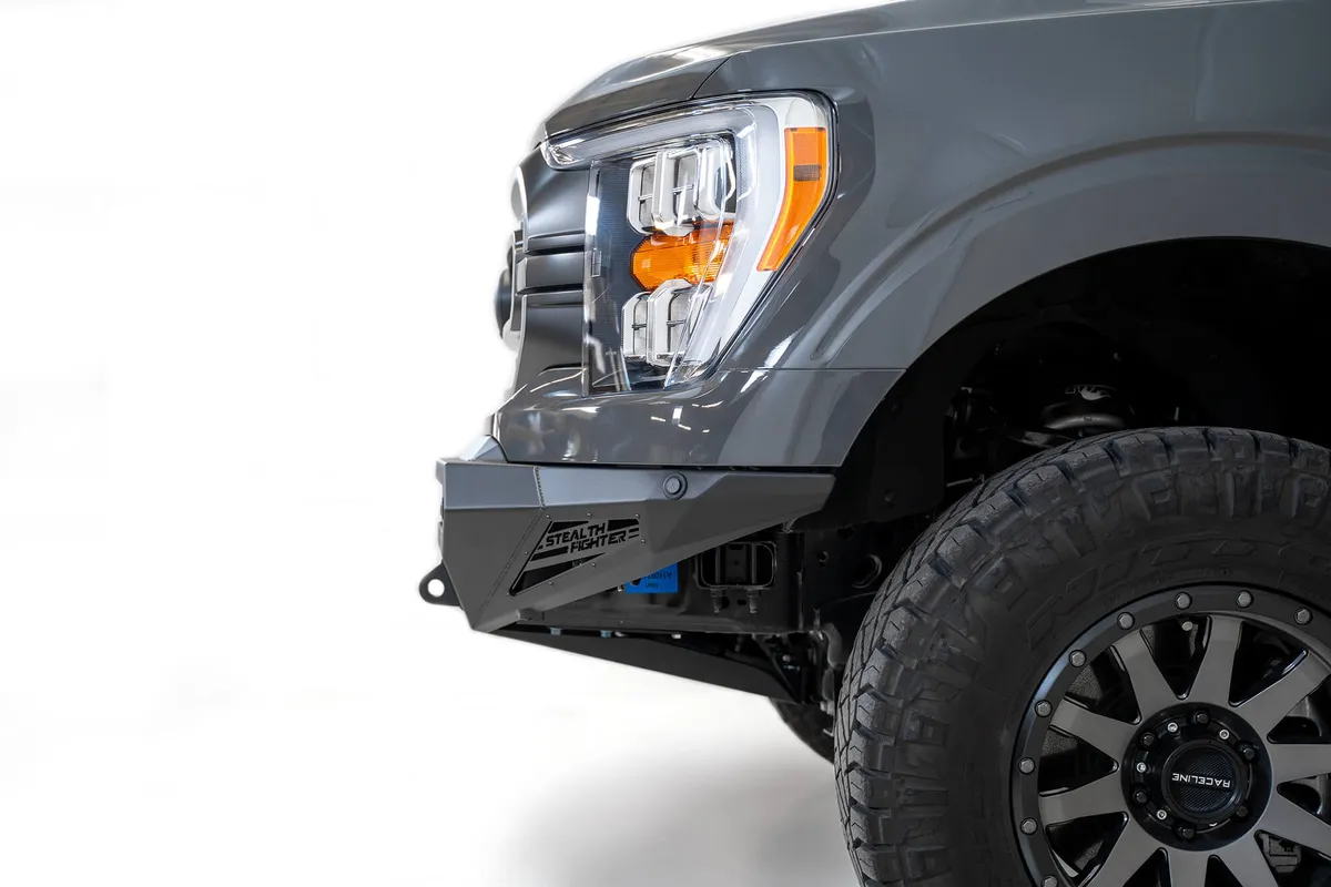 Ford F150 Stealth Fighter Winch Front Bumper with 10 Cube Mounts Universal Plate on op and 10 SR Cube Mounts on Sides with SENSOR Cutouts with D-ring Mounts in Hammer Black with Satin Black panels 2021 Ford F-150 product image