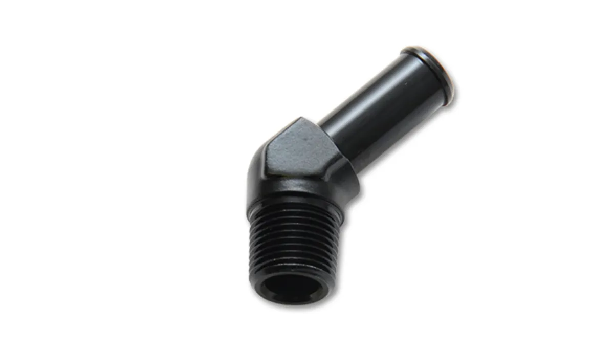 45 Degree NPT To Hose Barb Adapter Fitting; 0.25 in. NPT; 0.375 in. Hose; 6061 Aluminum; Black Anodized; Male; product image