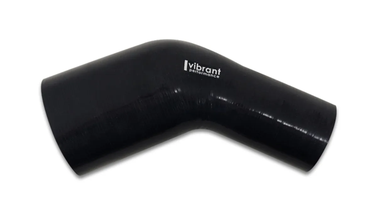 45 Degree Transition Hose Coupler; 3 in. Inlet ID; 4 in. Outlet ID; 4 in. Leg Length From Tangent; 4 in. Centerline Radius; 18 PSI Maximum Operating Pressure; Black; product image