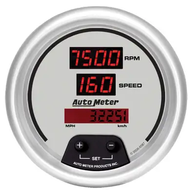 AutoMeter Gauge, Tach/Speedo, 3 3/8", 120mph/8k RPM, Elec. Program, Digital, Slvr Dial w/ Red LED
