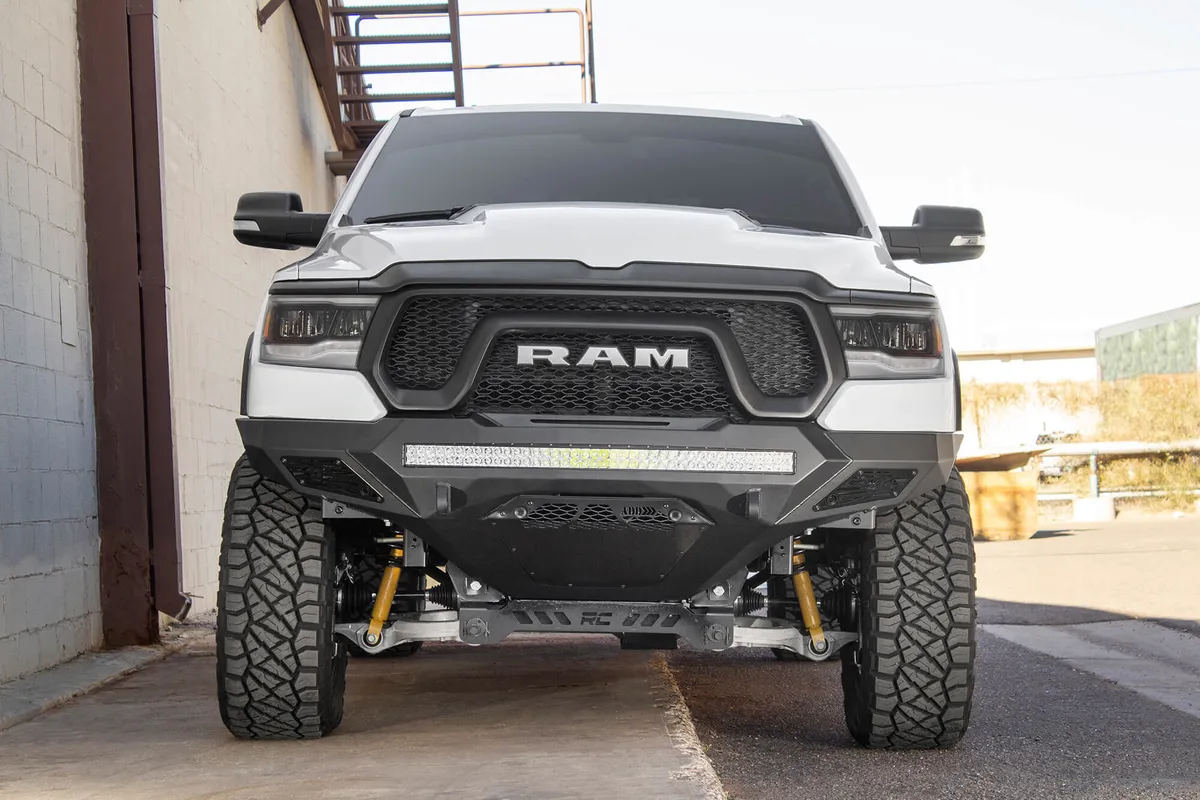 The RAM Rebel Has Never Looked Better With The Stealth Fighter Front Bumper. a Radius Steel Plate Design Gives Your RAM Truck Added Front End Protection Without All The Extra Bulk. Matching The RAM Rebel Factory Body Lines The Stealth Fighter Front Bumper product image