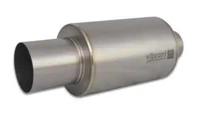 Vibrant Performance Muffler; 3 in. Inlet ID; 4 in. Tip OD; 6.25 in. Body OD; 17 Overall L; 10 in. Muffler Body L; Natural Titanium Finish; 4.12 LBS Weight; w/Straight Cut;