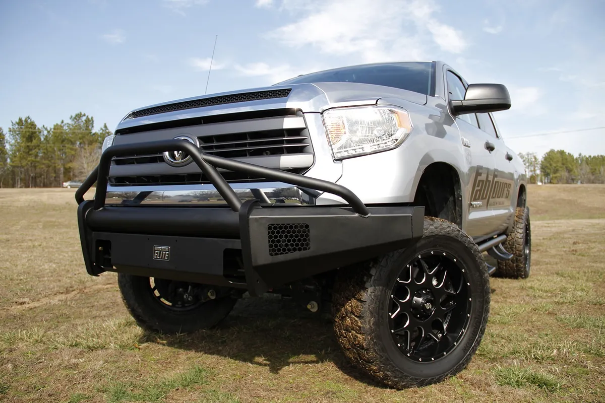 Elite Front Bumper; 2 Stage Black Powder Coated; w/Pre-Runner Grill Guard And Tow Hooks; product image
