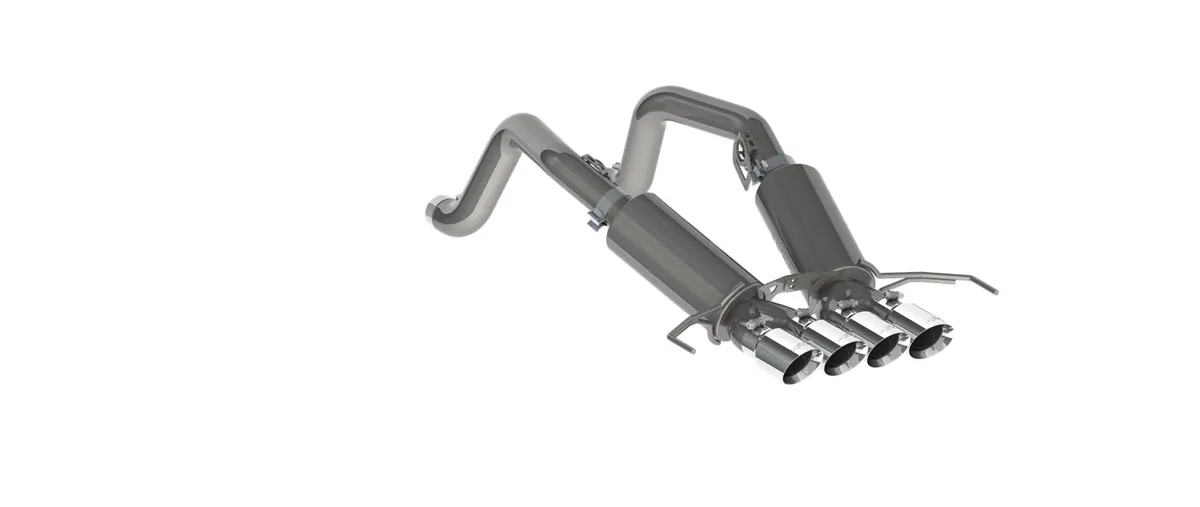 Armor Pro Axle Back Exhaust System; 3 in.; Incl. Dual Mufflers/Over Axle Pipes/Hardware/Quad 4 in. OD Dual Wall Tips; Quad Split Rear Exit; 304 Stainless Steel; product image