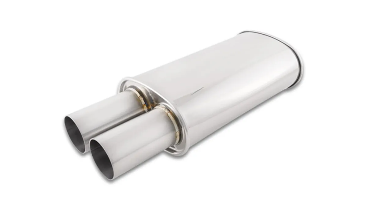 STREETPOWER Oval Muffler; 3 in. Round Straight Cut Tip; 3 in. Inlet ID; 5.75 in. L-Tip; 5 in. H; 9 in. W; 23 in. Overall L; 3 in. OD; 3.625 in. Center To Center; Brushed; product image
