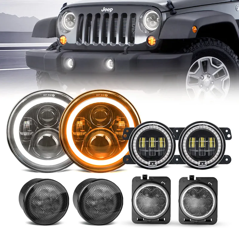 LED Factory Mart "JK LED Bundle | 7"" 80W Headlights with DRL and Turn Signals, 4"" Halo Fog Lights, Front & Fender Turn Signals"