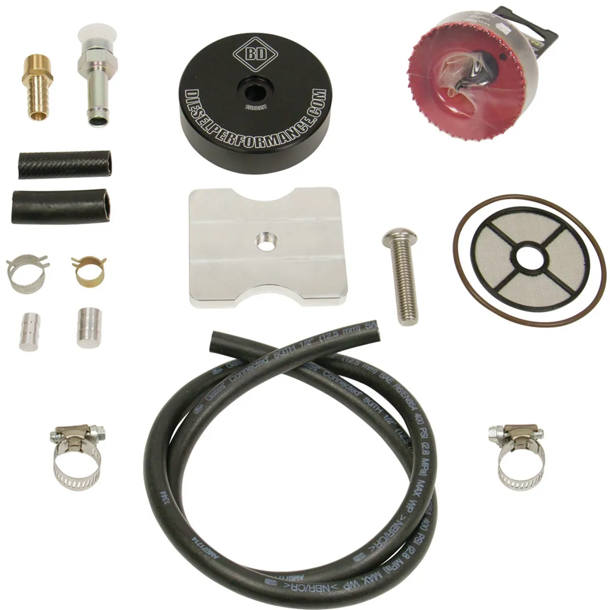 Flow-MaX Tank Sump Kit; Incl. FloxMax Sump Body/Mesh Screen/Plate Clamp/3 in. Hole Saw/Fuel Hoses/Hardware; product image