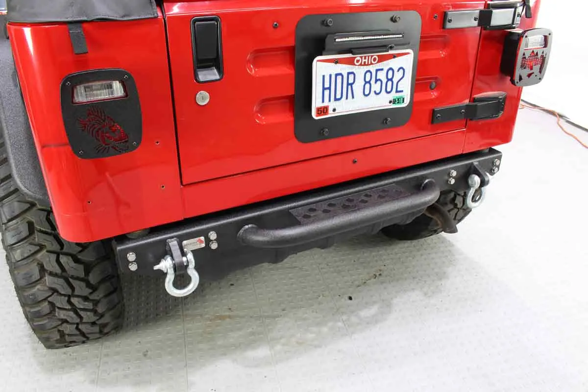8706 Wrangler Piranha Rear Bumper With Step And Drings Black Textured 2stage Powder Coat Steel product image
