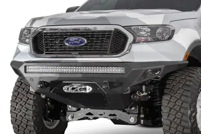 Addictive Desert Designs Ford Ranger Stealth Fighter Front Bumper with Winch mount and SENSOR CUTOUTS with 10 duallyuniversal 40in Mounts with D-ring Clevis Mounts and Dually Mounts on Sides in Hammer Black with Satin Black panels