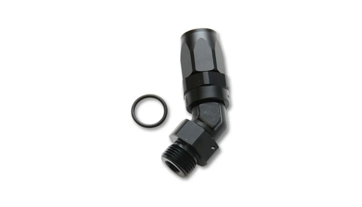 45 Degree Hose End Fitting; -12AN Hose Size; -12AN Male ORB Thread Size; 1-1/16-12 in. Thread; 6061 Aluminum; Black Anodized; product image