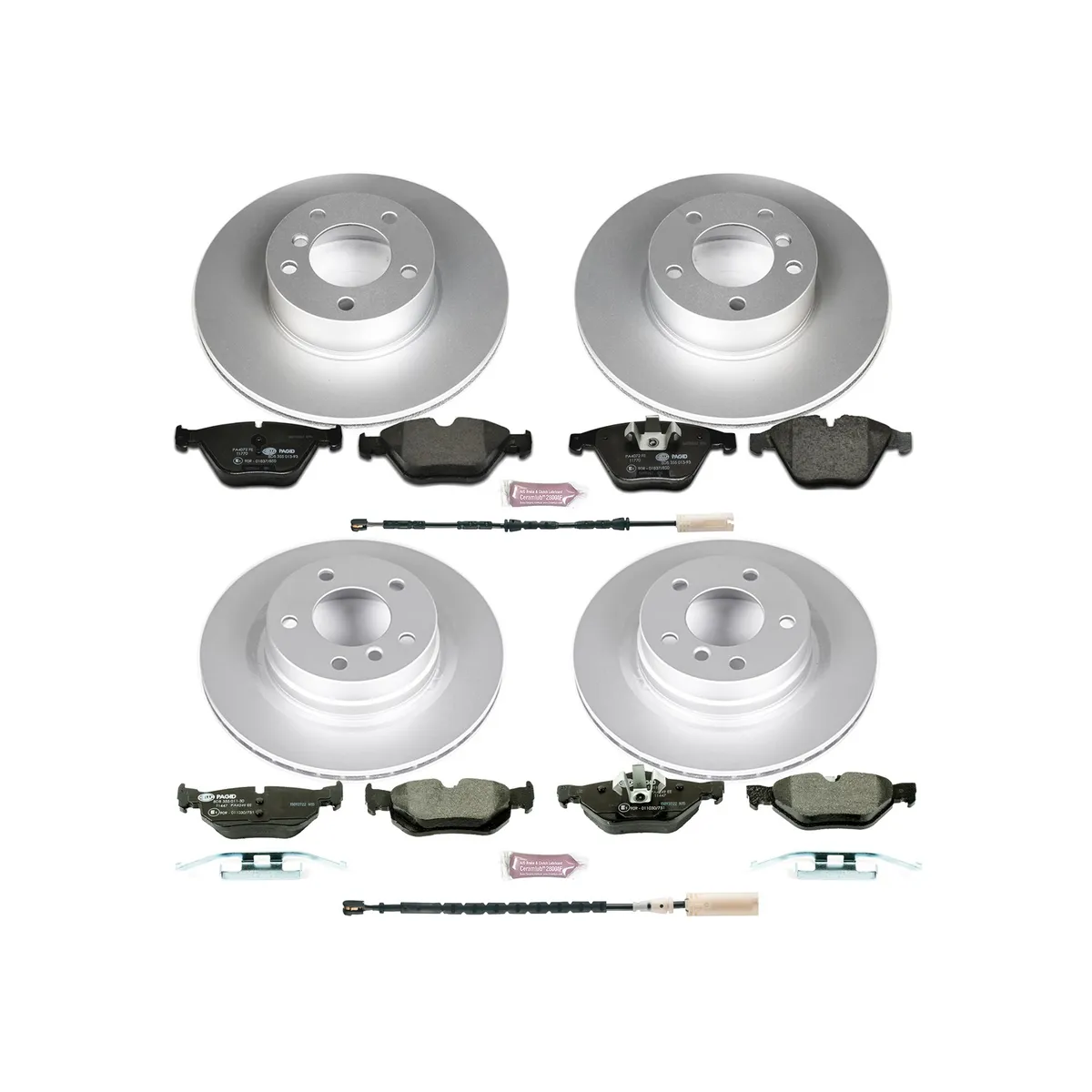 Euro-Stop Kit: Genuine Geomet Fully Coated Rotors; Ece-R90 Certified Pads W/Hardware; Pad Sensors product image