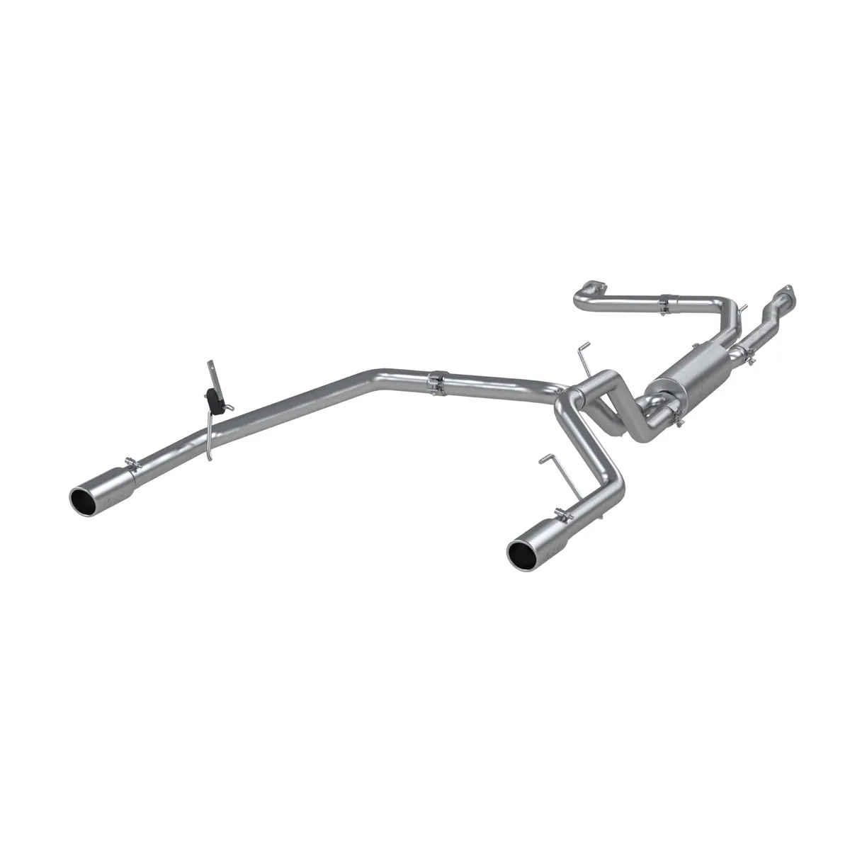 Armor Plus Cat Back Exhaust System; 2.5 in.; Incl. Front Pipes/Ext. Pipe/Muffler/Over Axle Pipes/Tailpipes/Hardware/3.5 in. OD Tips; Dual Split Rear Exit; T409 Stainless Steel; product image