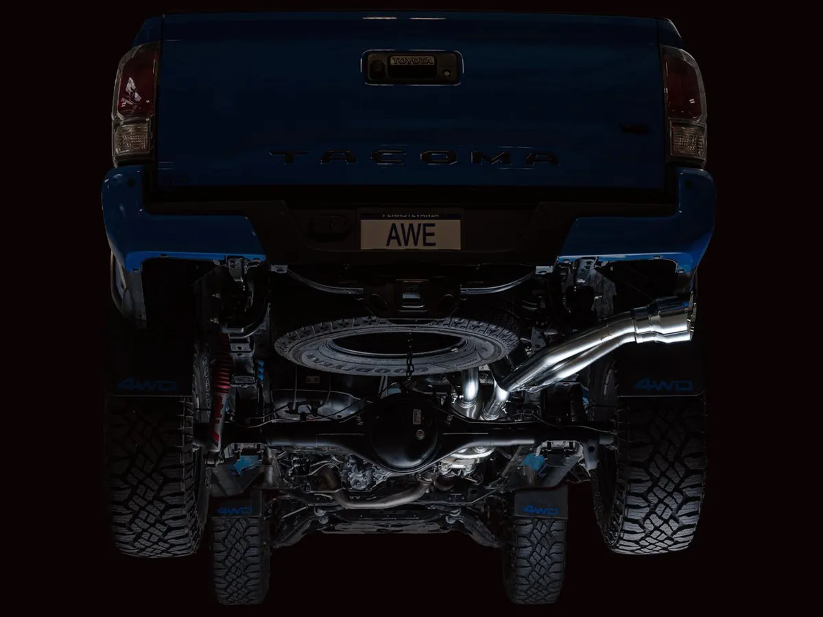 AWE 0FG Exhaust with BashGuard for 3rd Gen Tacoma - Dual Diamond Black Tips product image