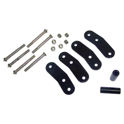 Crown Automotive Jeep Replacement 1976-1983 CJ-5 (Rear Only);1976-1986 CJ-7 (Rear Only);1981-1986 CJ-8 (Rear Only);1987-1995 YJ Wrangler (Front or Rear);Shackle Kit Less Bushings; Provides 3/4" of Lift; 5-1/2" From Bolt Hole To Bolt Hole;Includes 4 Plates and Hardware