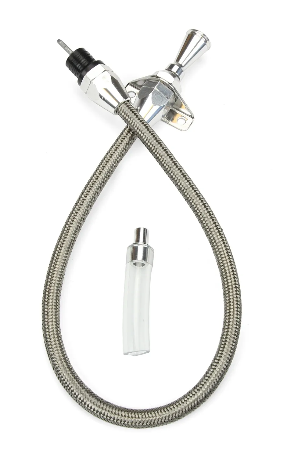 Hi-Tech Flexible Braided Transmission Dipstick; 24 in.; Firewall Mount; Incl. Flexible Dipstick/Funnel Adapter/Braided Stainless Outer Housing; Stainless Steel Finish; product image