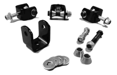 Steinjager Drop Clevis Kits (Without End Links) 3/8 Bore Clevises are Black Powdercoated Includes Misalignment Spacers Includes 4 Clevises
