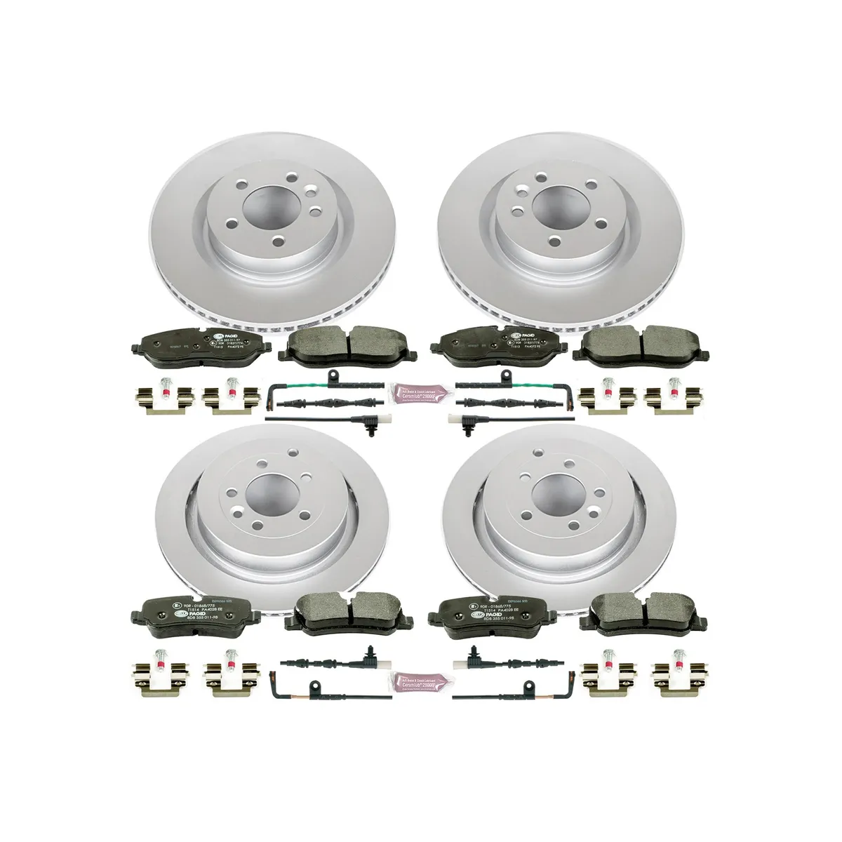 Euro-Stop Kit: Genuine Geomet Fully Coated Rotors; Ece-R90 Certified Pads W/Hardware; Pad Sensors product image