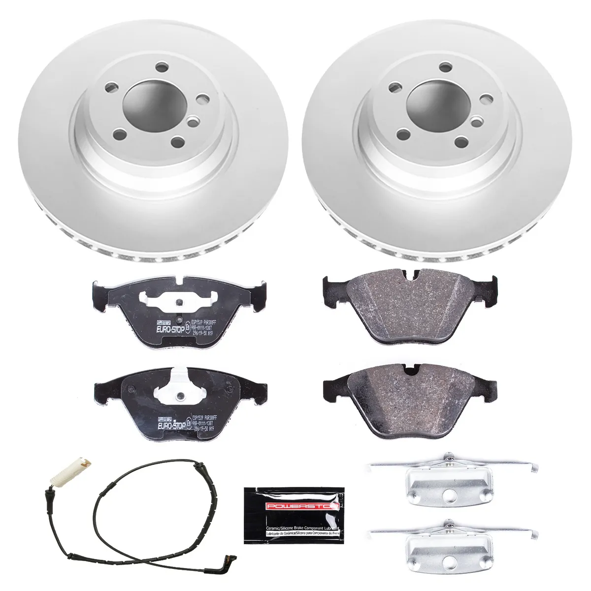 Euro-Stop Kit: Genuine Geomet Fully Coated Rotors; Ece-R90 Certified Pads W/Hardware; Pad Sensors product image