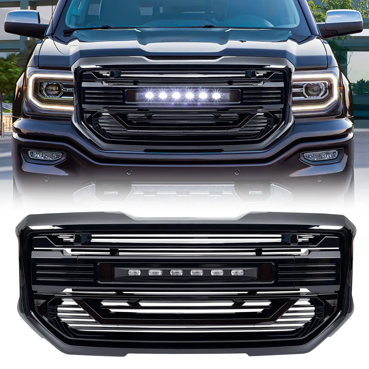 Armor Grille W/ Off-Road Lights & Outer Frame Surround - Glossy Black For 2016-2018 GMC Sierra 1500 product image