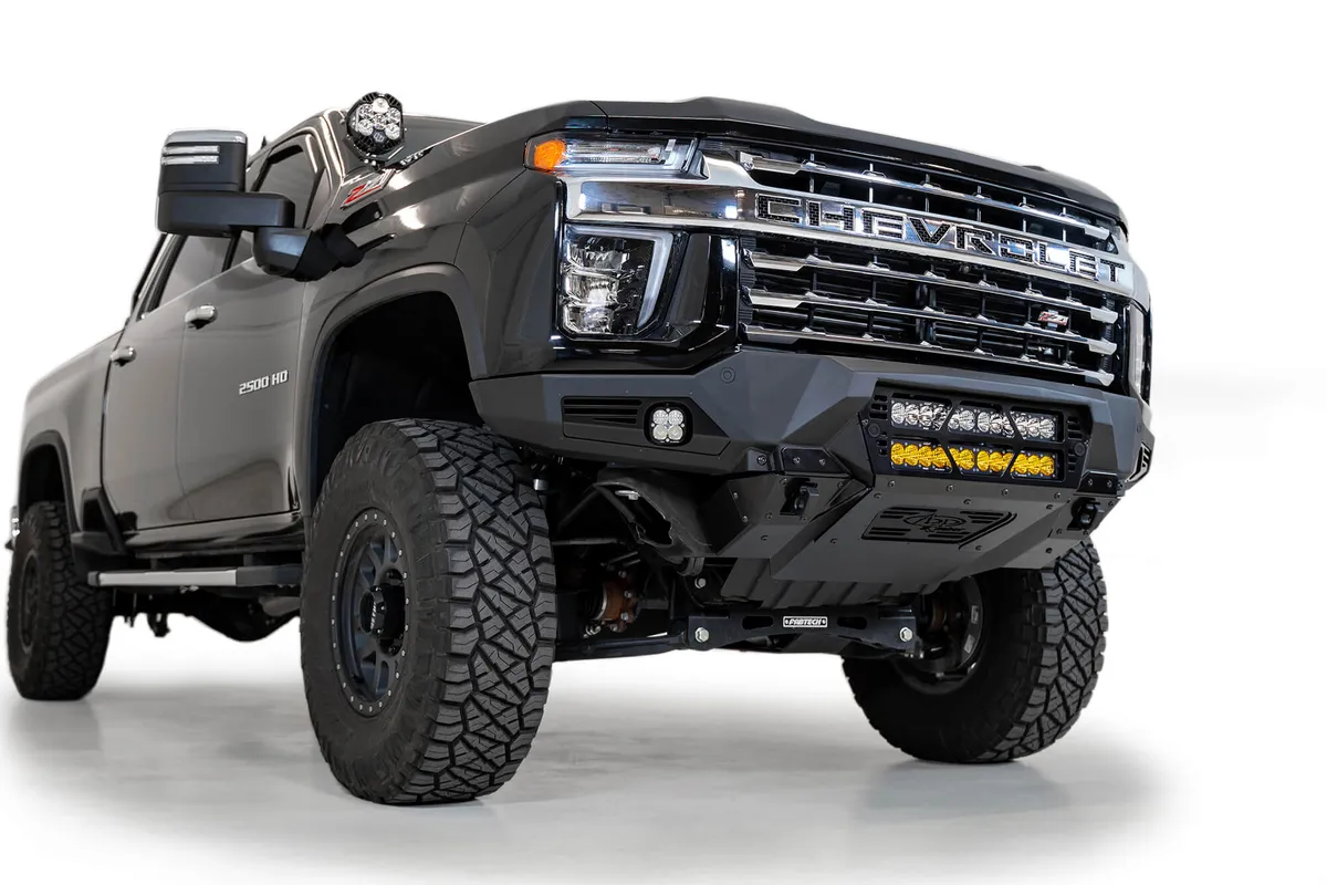 20c Silv 2500/3500 Front Bumper W/Dual 20in LED Bar Mounts W/Parking Sensor Cutouts Hammer Blk product image