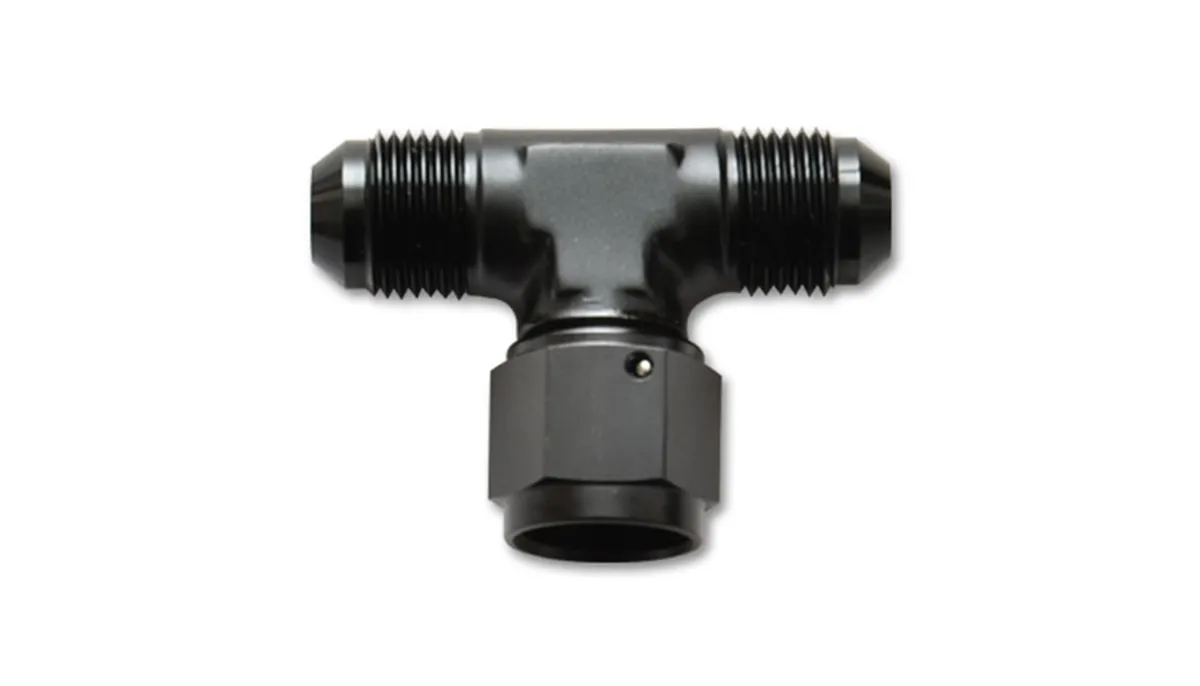 Tee Adapter Fitting; -12AN; 6061 Aluminum; Black Anodized; w/Female -12AN Swivel On Side; product image