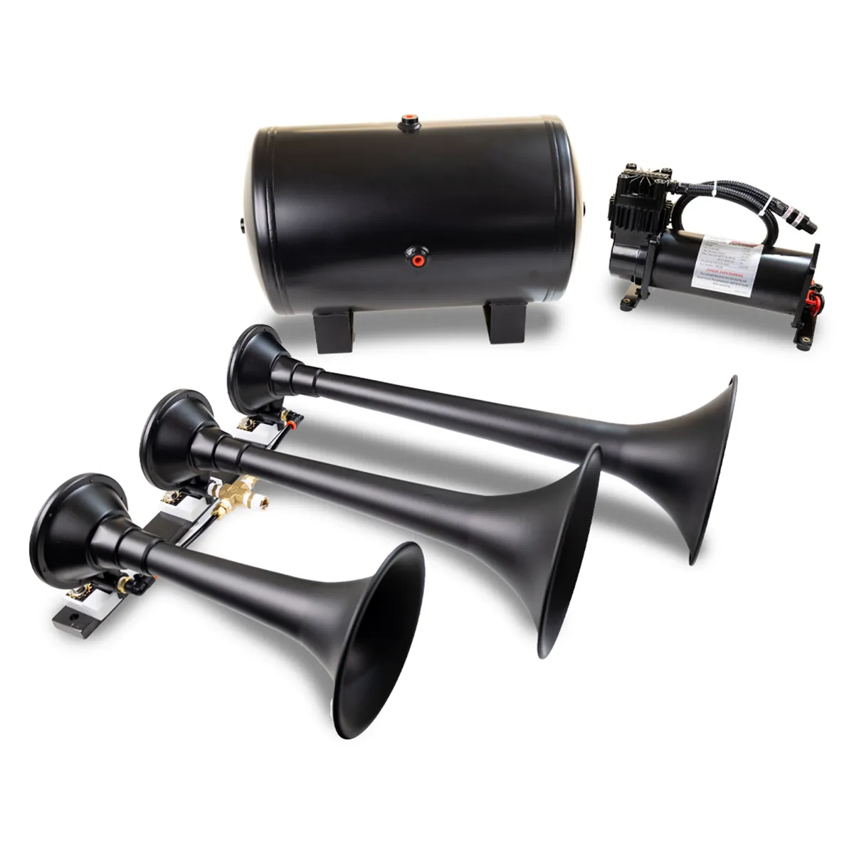 Pro Blaster™ Triple Horn Kit; Black; Includes Horns PN[730]/ 150/200 PSI Waterproof 100% Duty Cycle Air Compressor PN[6450RC]/ 5.0 Gallon Air Tank PN[6450RT]; product image