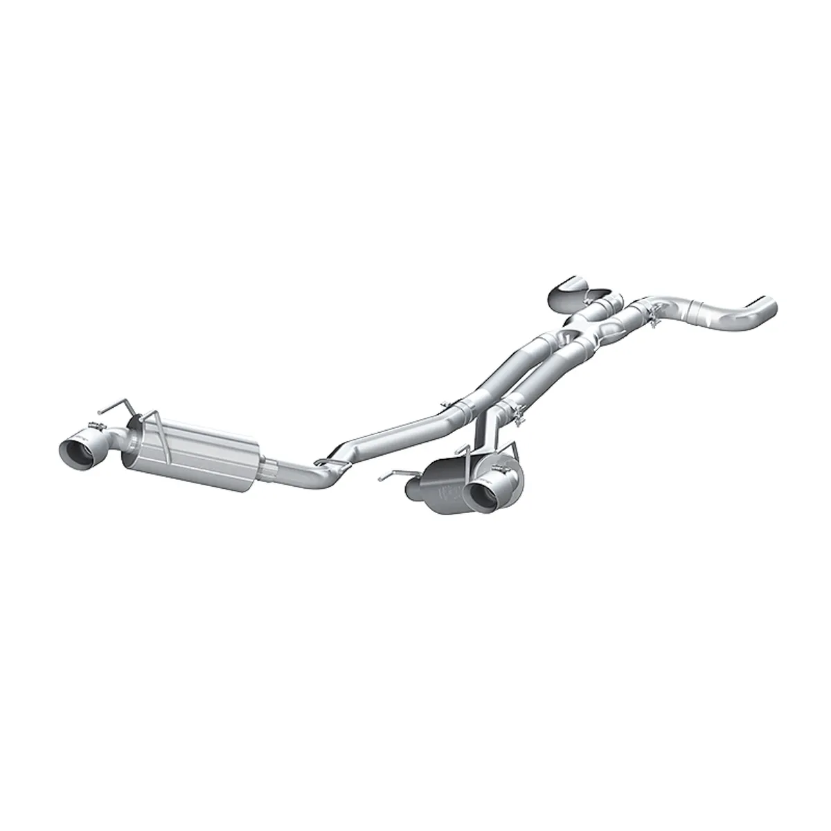 Armor Pro Cat Back Exhaust System; 2.5 in.; Incl. Front Pipe/X-Pipe/Tailpipes/Mufflers/4 in. OD Round Tips; Dual Split Rear Exit; T304 Stainless Steel; product image