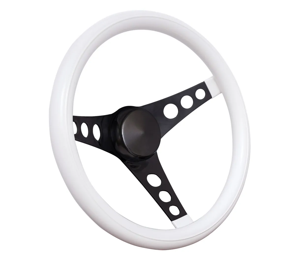 Classic Series Steering Wheel; 13 1/2 in. Diameter; 3 1/2 in. Dish; White Cushion Grip; Black Steel 3-Spoke Design; product image