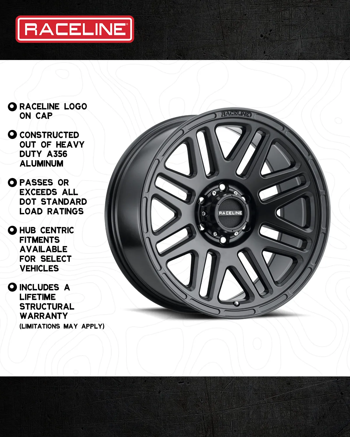 Aluminum Wheels 17x8.5 Outlander 944B Satin Black 18 Offset 5 on 127 Bolt Pattern 78.1 Bore Raceline product image