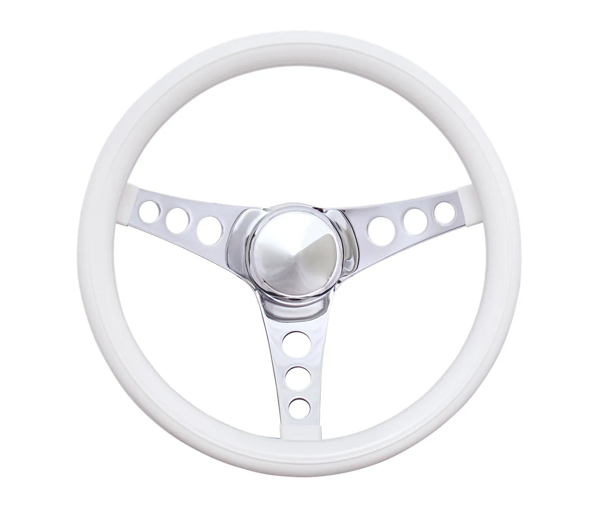 Classic Series Steering Wheel; 13 1/2 in. Diameter; 2 1/2 in. Dish; White Grip; Chrome 3-Spoke Design; product image