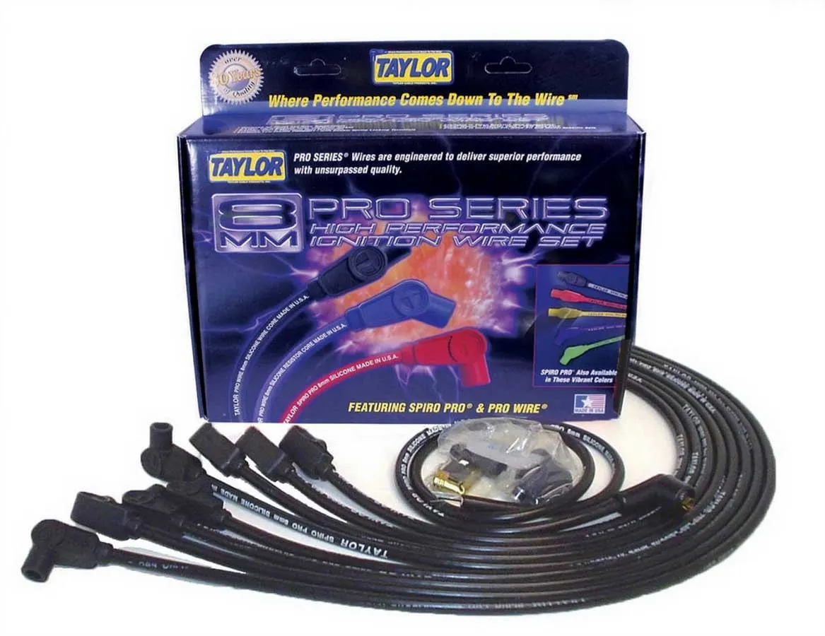 Taylor Cable Taylor Cable Chevy Small Block Race Fit 8mm Spiro-Pro Spark Plug Wire Set with Over Valve Cover Socket Fitment - Black - 90° Spark Plug Boot Angle - 76027