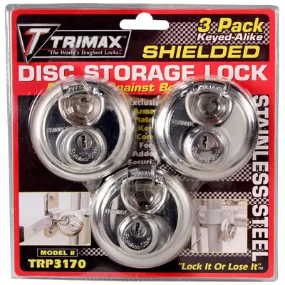Trimax Stainless Steel 70mm (23/4in) Round Disc Padlock w/ 10mm Steel Shacklekeyed Alike 3 Pack