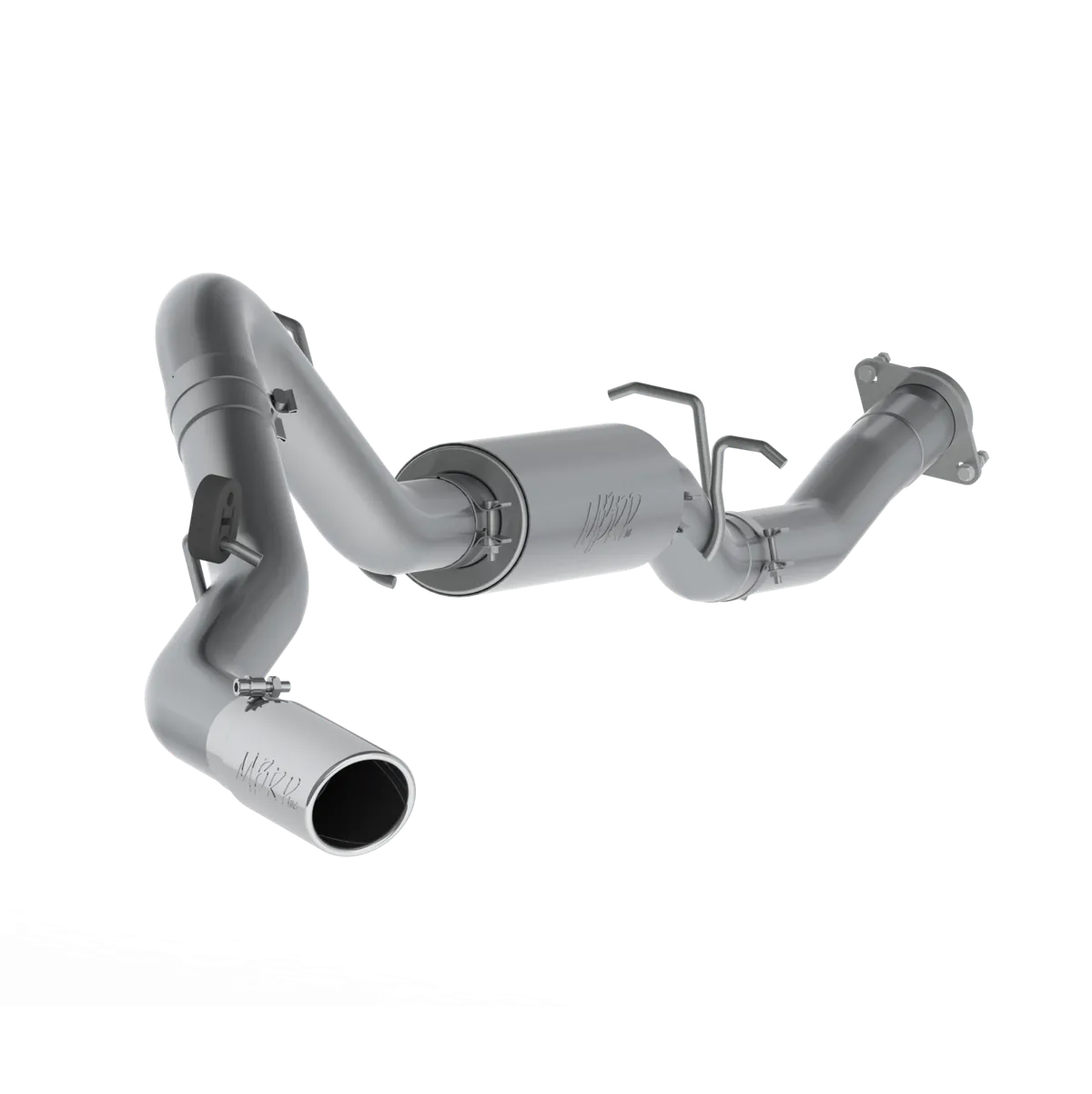 Armor Plus Cat Back Exhaust System; 3.5 in.; Incl. Front Pipe/Ext. Pipe/Muffler/Over Axle Pipe/Tailpipe/Hardware/4 in. OD Tip; Single Side Exit; T409 Stainless Steel w/Logo Plate; product image