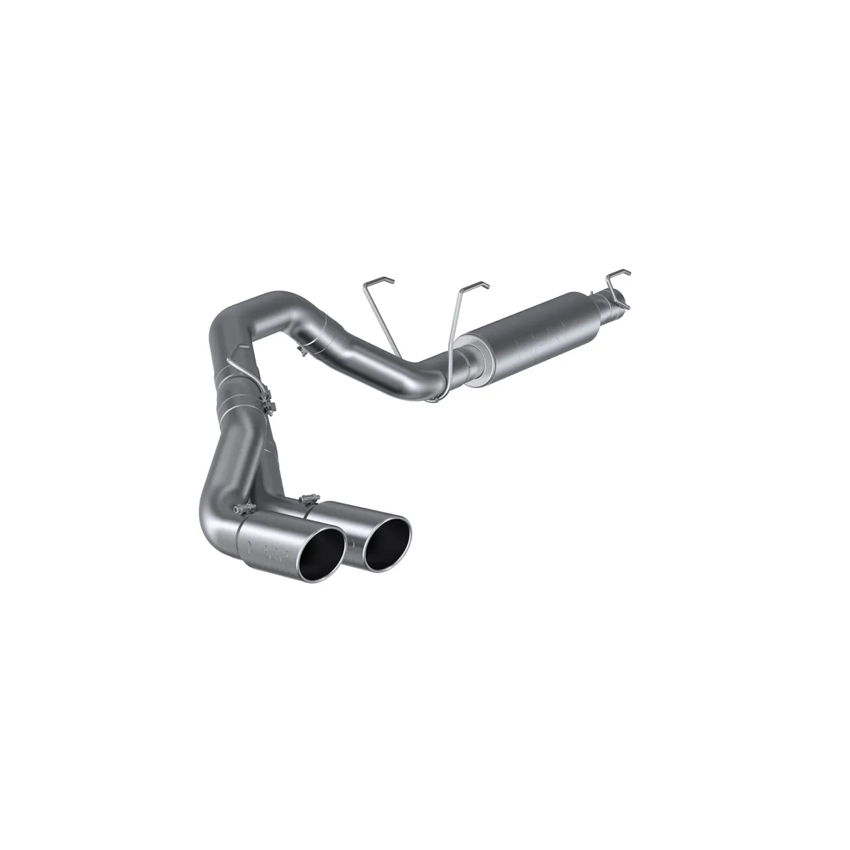 Armor Plus Cat Back Exhaust System; 4 in.; Incl. Ext. Pipe/Muffler/Over Axle Pipes/Y-Pipe/Tailpipes/Hardware/5 in. OD Tip; Single Side Dual Outlet Exit; T409 Stainless Steel; product image