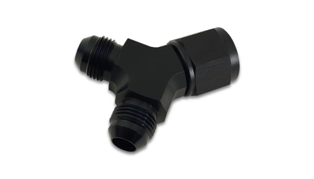 90 Degree Y Adapter Fitting; -12AN Female Size; -10AN Dual Male Size; 6061 Aluminum; Black Anodized; product image