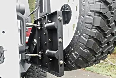 Fab Fours Off The Door Tire Carrier; 2 Stage Black Powder Coated; Needs Base Bumper;