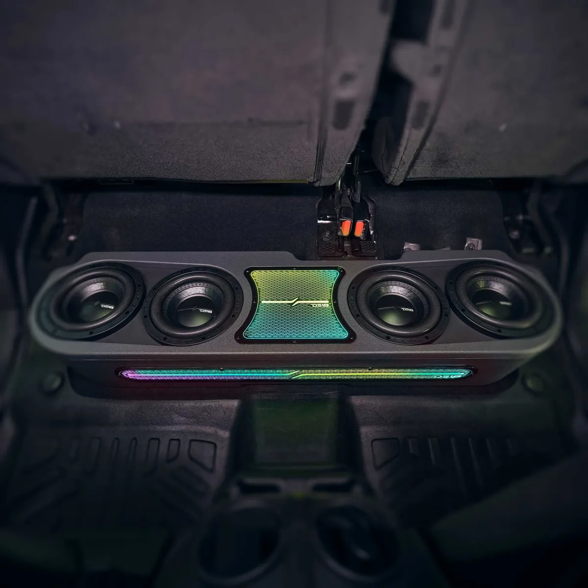 Jeep Gladiator JT 2020-Up | 4 x 8” Subwoofers Included (Zr8 .2d) | Upfiring | Underseat | Sealed Box | Exclusive Black Leather | Digital LED Lights Ebm Direct Fit Subwoofer Enclosure For Jeep Gladiator 2020-2024 (Speakers Not Included) product image