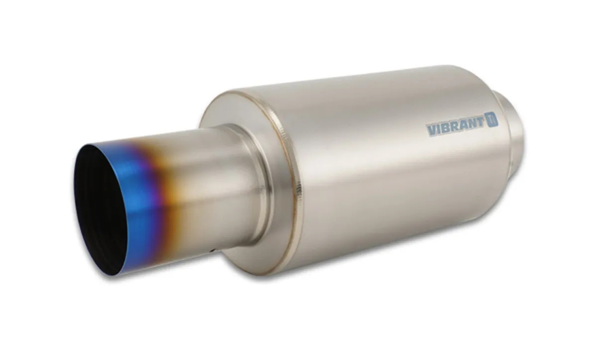 Muffler; 4 in. Inlet ID; 4 in. Tip OD; 6.25 in. Body OD; 17 Overall L; 10 in. Muffler Body L; Blue Titanium Finish; 4.41 LBS Weight; w/Straight Cut; product image