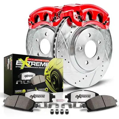 PowerStop Z26 Street Warrior Upgrade Kit: Drilled/Slotted Rotors; Carbon-Fiber Ceramic Pads; Powder Coated Calipers