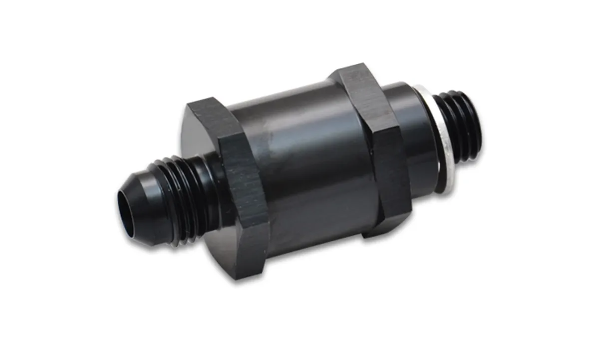 Fuel Pump Check Valve; -8AN Male Flare To M12 x 1.5; 6061 Aluminum; Black Anodized; product image