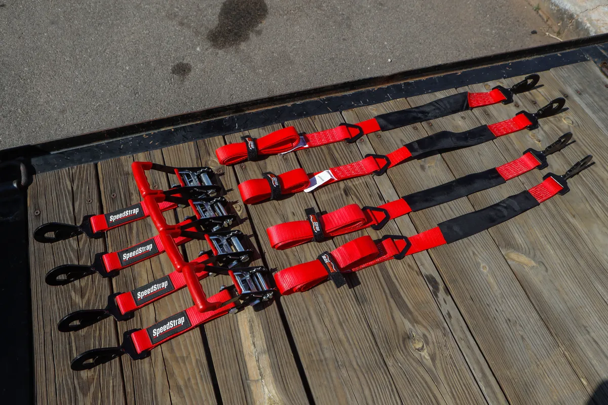2 Inch x 10' Ratchet Tie Down w/ Twisted Snap Hooks and Axle Strap Combo Red SpeedStrap product image