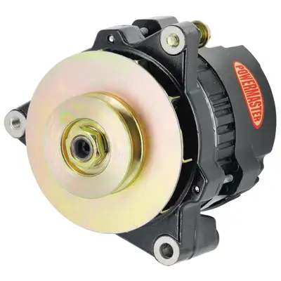Power Master GM 5X5 Race Alternator; CS121; 3 Point Mounting; Side Battery Post; 100 Amp; 60 Idle; XS Volt; 1 Groove V Type Pulley; Black;