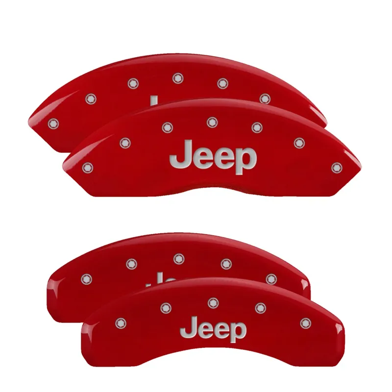 MGP Caliper Covers Set Of 4 Caliper Covers Engraved Front And Rear Jeep Red Finish Silver Characters 2018-2024 Jeep Wrangler JL BRY brake code MGP Caliper Covers